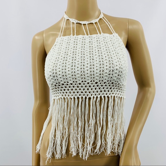 Tops - White Crochet Halter Top With Long Tassels